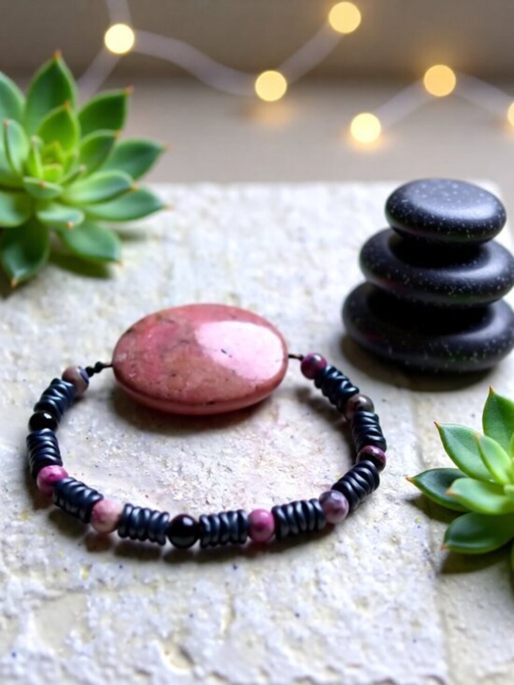 Pink Rhodonite & Gray Hematite Statement Bracelet @ 7"! Boss Lady Baddy Vibes!